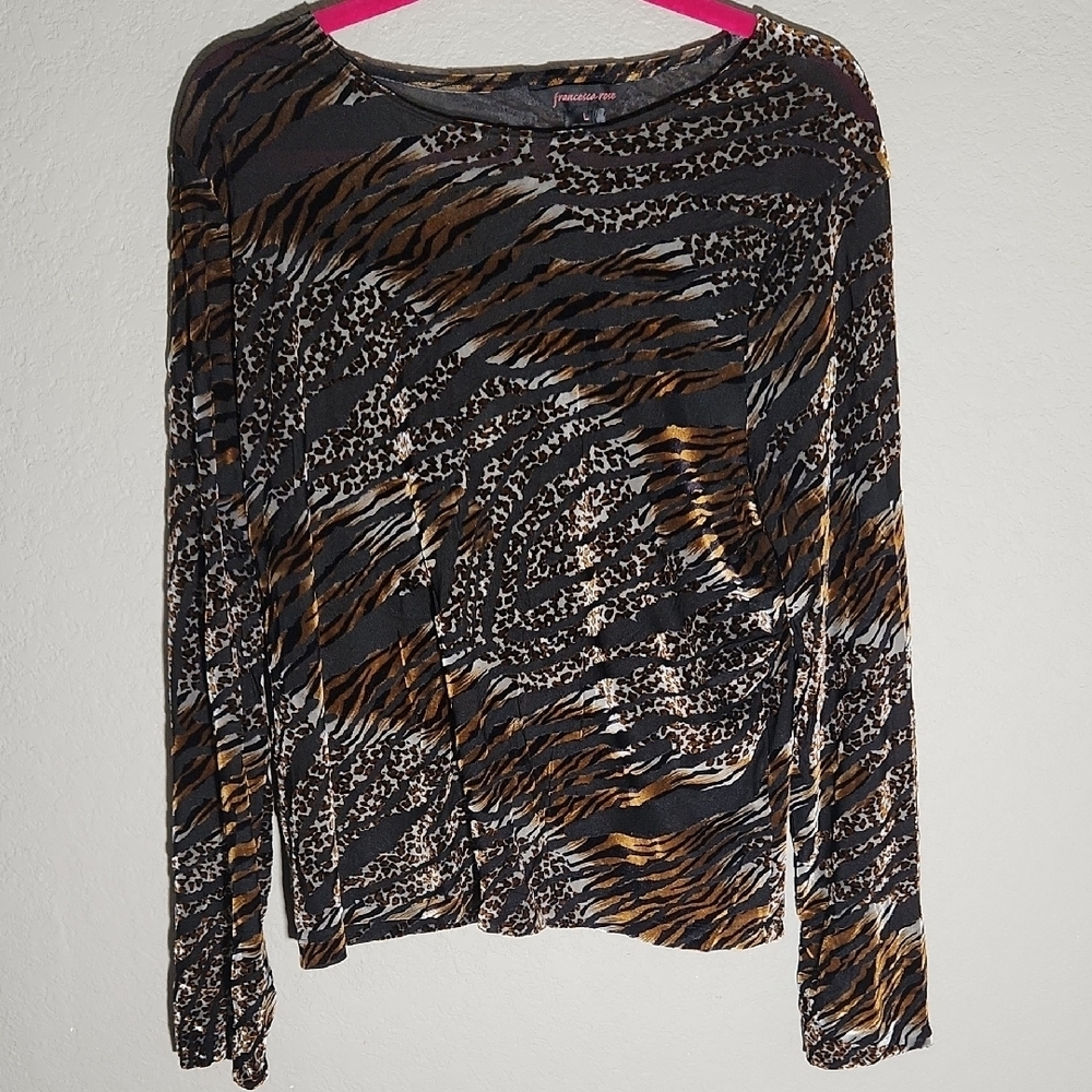 Francesca Rose Top Animal Print Long Sleeve Top blouse size L see-through it